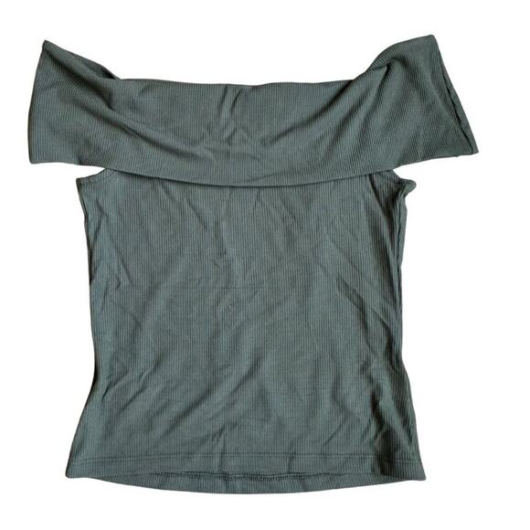 Express Fitted Ribbed Off The Shoulder Overlay Top Olive Green S - Picture 2 of 6